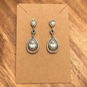 CZ Teardrop Earrings | Silver Tone | 1.5” Length